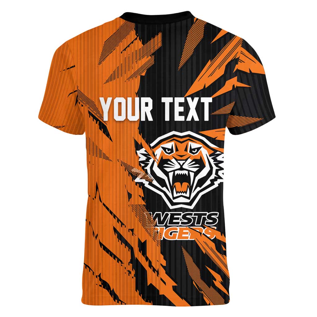 Personalized Wests Tigers Women V-Neck T-Shirt Dynamic Lightning Mascot Rugby Australia