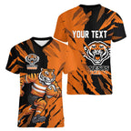 Personalized Wests Tigers Women V-Neck T-Shirt Dynamic Lightning Mascot Rugby Australia