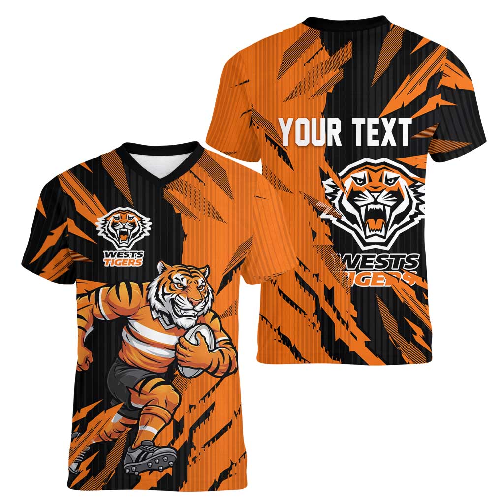 Personalized Wests Tigers Women V-Neck T-Shirt Dynamic Lightning Mascot Rugby Australia