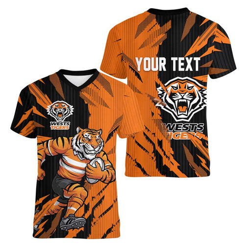 Personalized Wests Tigers Women V-Neck T-Shirt Dynamic Lightning Mascot Rugby Australia