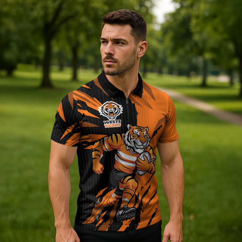 Personalized Wests Tigers Zipper Polo Shirt Dynamic Lightning Mascot Rugby Australia