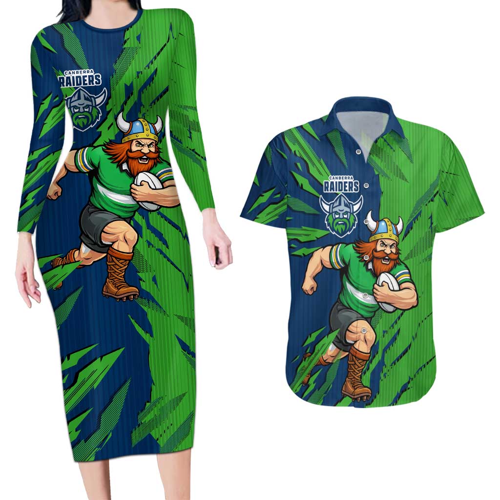 Personalized Canberra Raiders Couples Matching Long Sleeve Bodycon Dress and Hawaiian Shirt Dynamic Lightning Mascot Rugby Australia