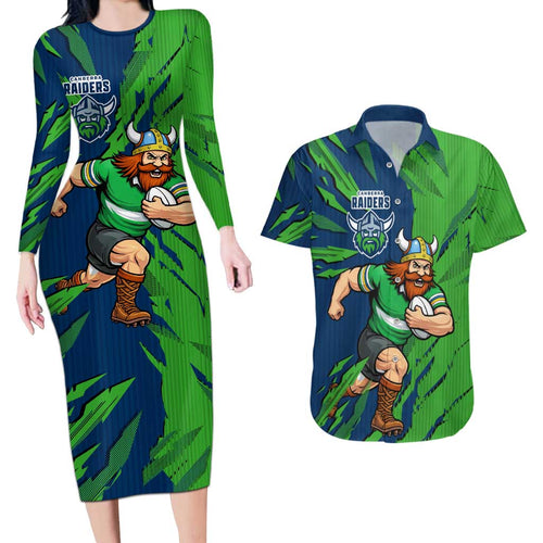 Personalized Canberra Raiders Couples Matching Long Sleeve Bodycon Dress and Hawaiian Shirt Dynamic Lightning Mascot Rugby Australia