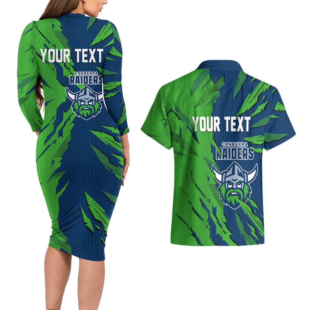 Personalized Canberra Raiders Couples Matching Long Sleeve Bodycon Dress and Hawaiian Shirt Dynamic Lightning Mascot Rugby Australia