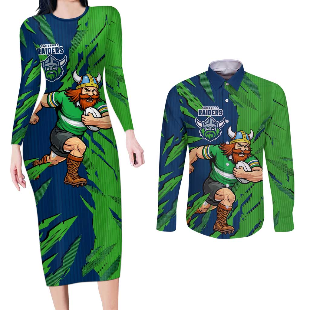 Personalized Canberra Raiders Couples Matching Long Sleeve Bodycon Dress and Long Sleeve Button Shirt Dynamic Lightning Mascot Rugby Australia