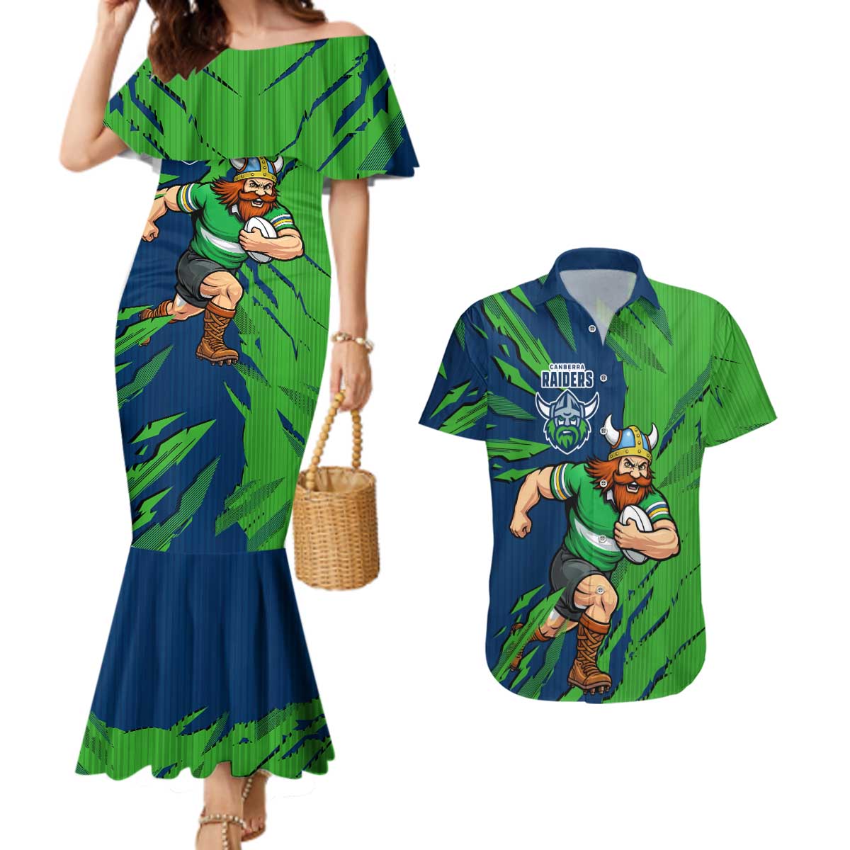 Personalized Canberra Raiders Couples Matching Mermaid Dress and Hawaiian Shirt Dynamic Lightning Mascot Rugby Australia