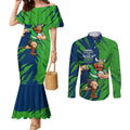 Personalized Canberra Raiders Couples Matching Mermaid Dress and Long Sleeve Button Shirt Dynamic Lightning Mascot Rugby Australia