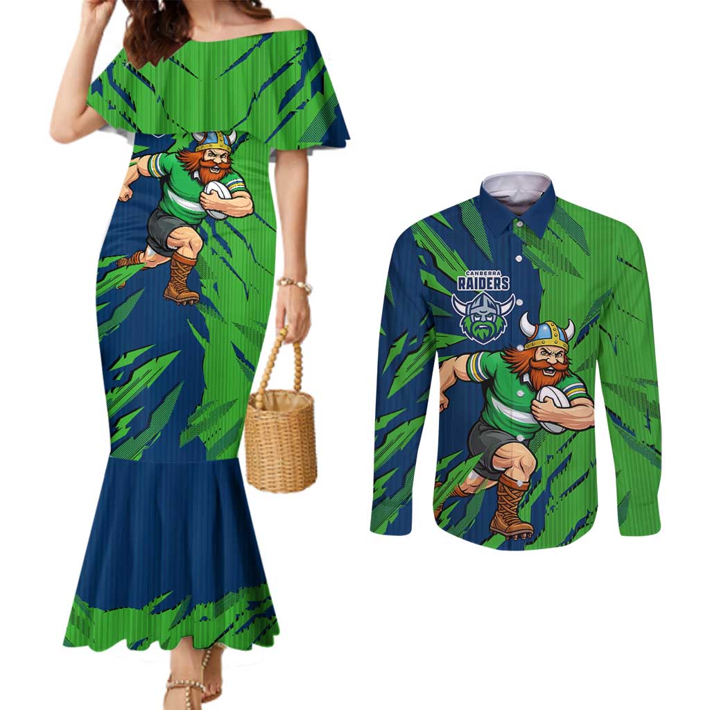 Personalized Canberra Raiders Couples Matching Mermaid Dress and Long Sleeve Button Shirt Dynamic Lightning Mascot Rugby Australia