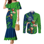 Personalized Canberra Raiders Couples Matching Mermaid Dress and Long Sleeve Button Shirt Dynamic Lightning Mascot Rugby Australia