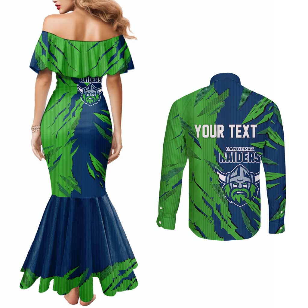 Personalized Canberra Raiders Couples Matching Mermaid Dress and Long Sleeve Button Shirt Dynamic Lightning Mascot Rugby Australia