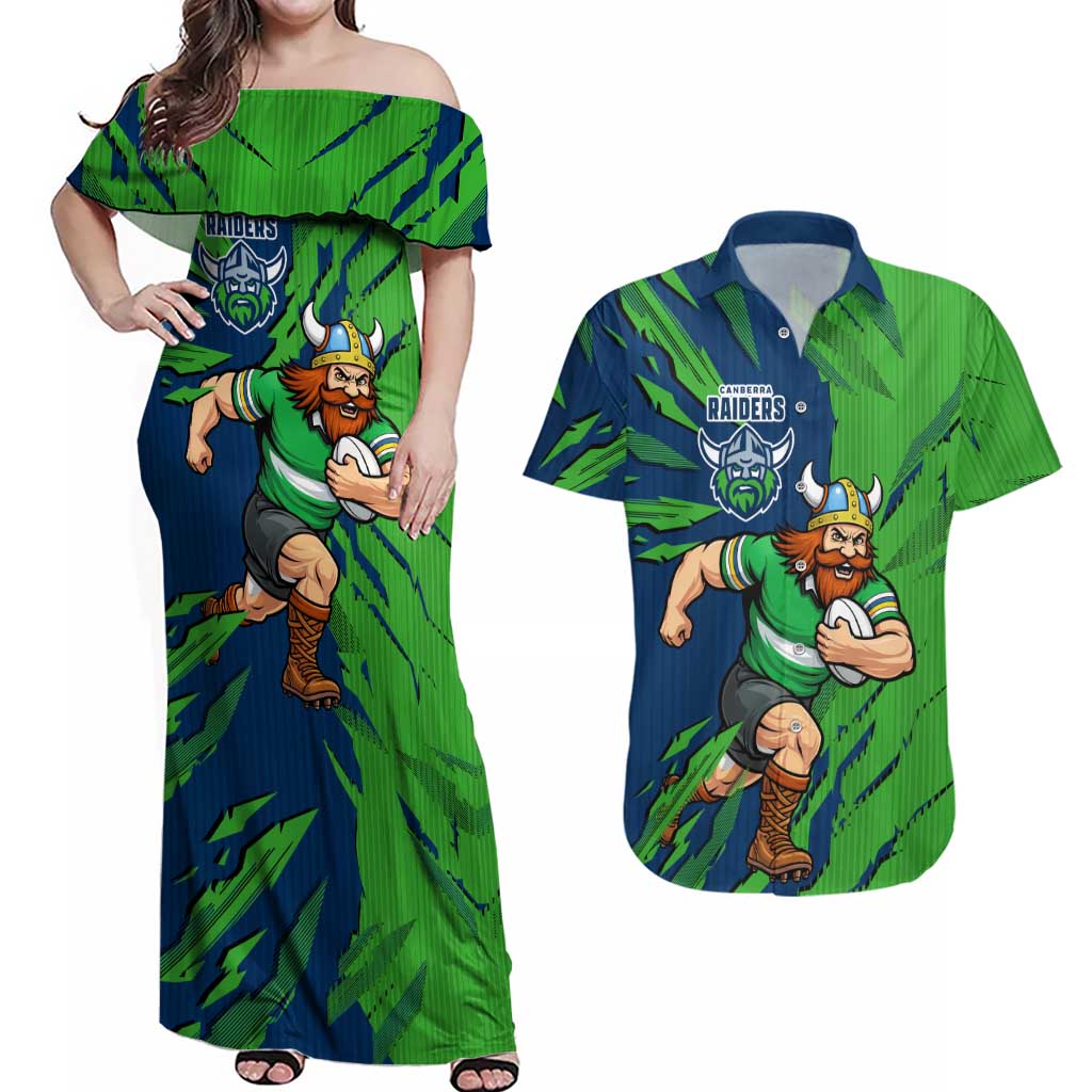 Personalized Canberra Raiders Couples Matching Off Shoulder Maxi Dress and Hawaiian Shirt Dynamic Lightning Mascot Rugby Australia