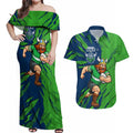 Personalized Canberra Raiders Couples Matching Off Shoulder Maxi Dress and Hawaiian Shirt Dynamic Lightning Mascot Rugby Australia
