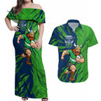 Personalized Canberra Raiders Couples Matching Off Shoulder Maxi Dress and Hawaiian Shirt Dynamic Lightning Mascot Rugby Australia