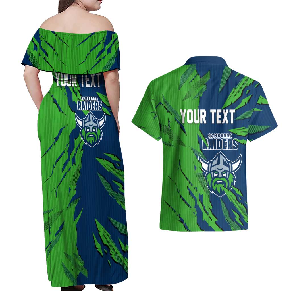 Personalized Canberra Raiders Couples Matching Off Shoulder Maxi Dress and Hawaiian Shirt Dynamic Lightning Mascot Rugby Australia
