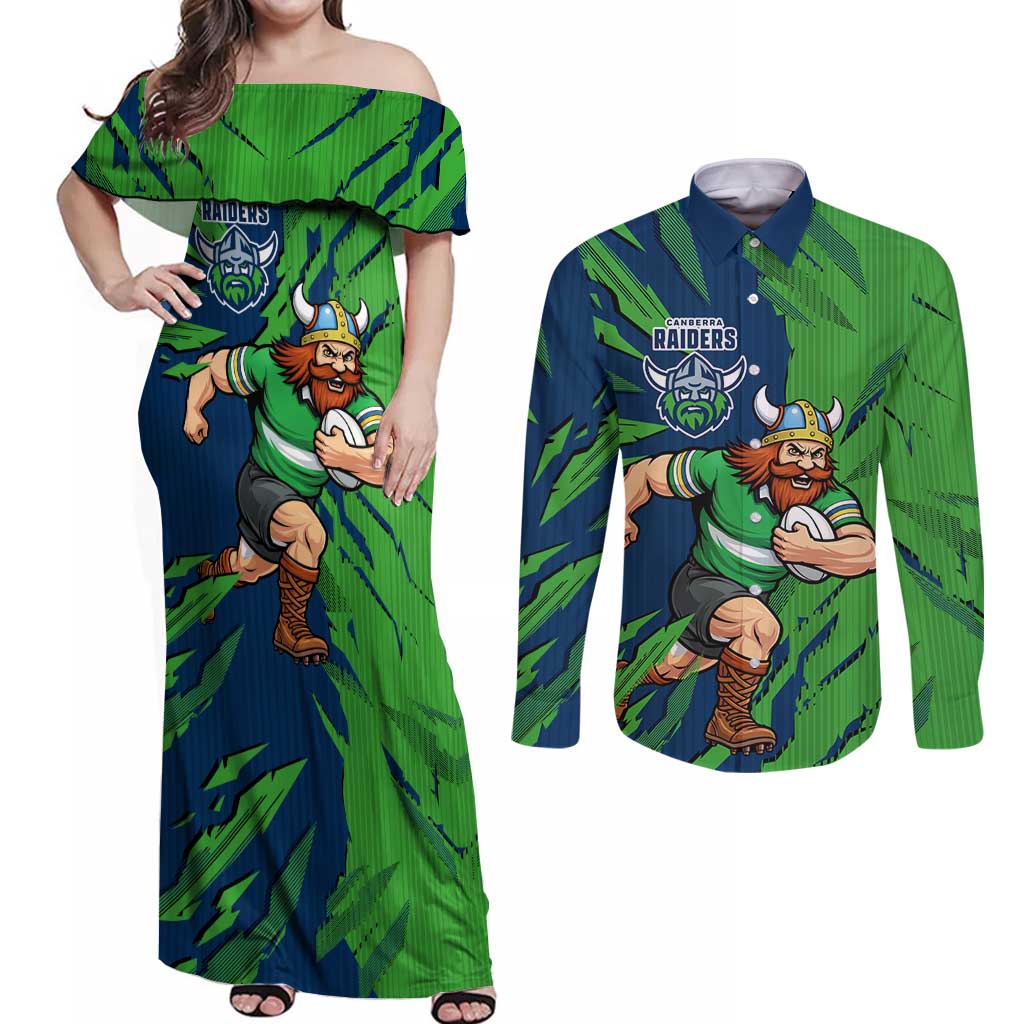 Personalized Canberra Raiders Couples Matching Off Shoulder Maxi Dress and Long Sleeve Button Shirt Dynamic Lightning Mascot Rugby Australia
