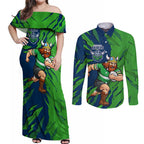 Personalized Canberra Raiders Couples Matching Off Shoulder Maxi Dress and Long Sleeve Button Shirt Dynamic Lightning Mascot Rugby Australia