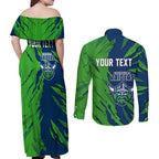 Personalized Canberra Raiders Couples Matching Off Shoulder Maxi Dress and Long Sleeve Button Shirt Dynamic Lightning Mascot Rugby Australia
