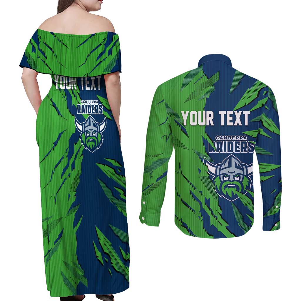 Personalized Canberra Raiders Couples Matching Off Shoulder Maxi Dress and Long Sleeve Button Shirt Dynamic Lightning Mascot Rugby Australia