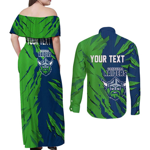 Personalized Canberra Raiders Couples Matching Off Shoulder Maxi Dress and Long Sleeve Button Shirt Dynamic Lightning Mascot Rugby Australia