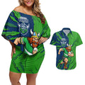 Personalized Canberra Raiders Couples Matching Off Shoulder Short Dress and Hawaiian Shirt Dynamic Lightning Mascot Rugby Australia