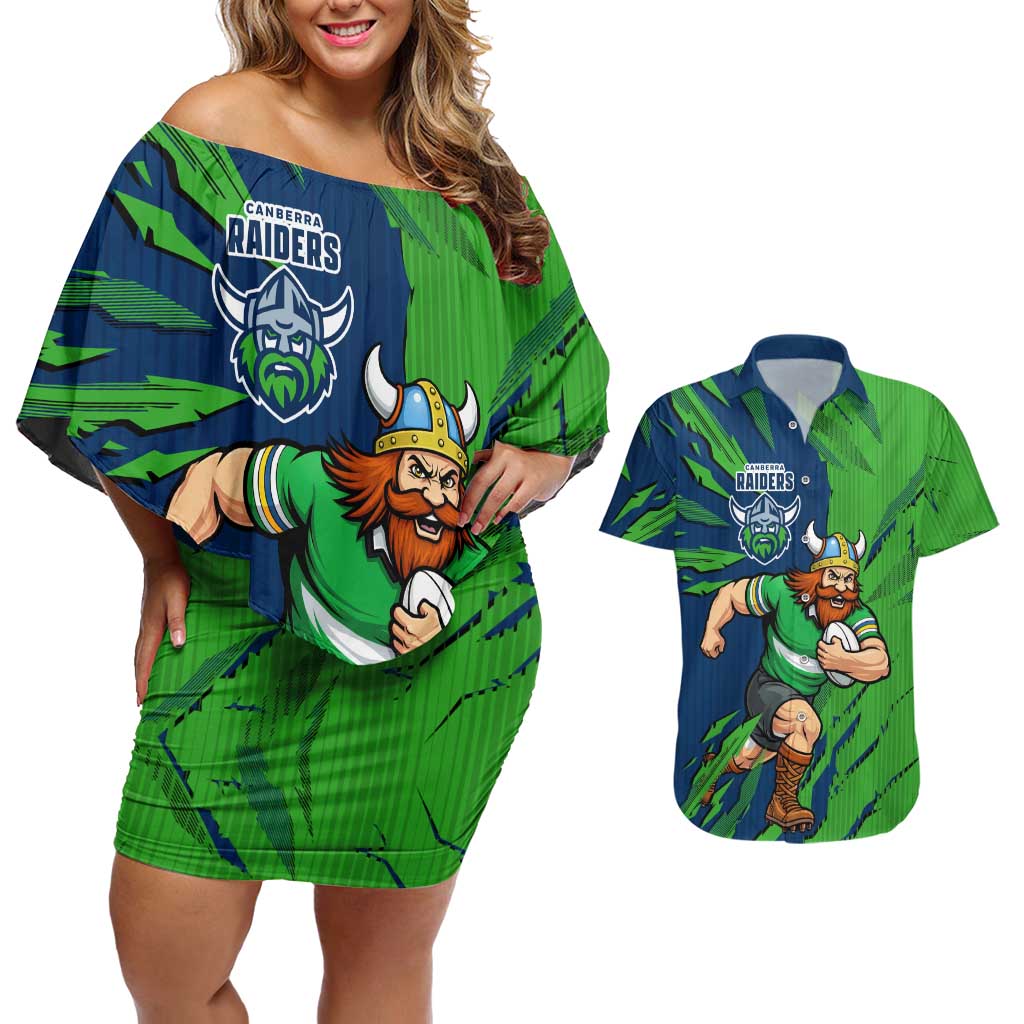 Personalized Canberra Raiders Couples Matching Off Shoulder Short Dress and Hawaiian Shirt Dynamic Lightning Mascot Rugby Australia