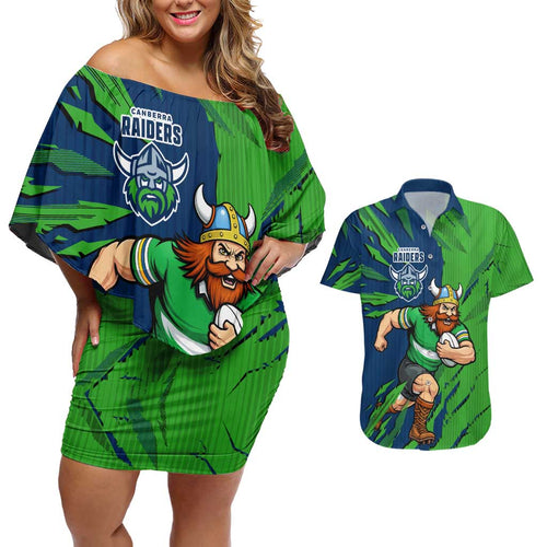 Personalized Canberra Raiders Couples Matching Off Shoulder Short Dress and Hawaiian Shirt Dynamic Lightning Mascot Rugby Australia