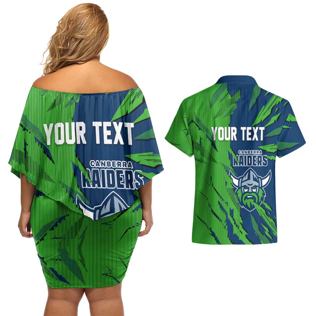 Personalized Canberra Raiders Couples Matching Off Shoulder Short Dress and Hawaiian Shirt Dynamic Lightning Mascot Rugby Australia