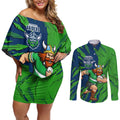 Personalized Canberra Raiders Couples Matching Off Shoulder Short Dress and Long Sleeve Button Shirt Dynamic Lightning Mascot Rugby Australia