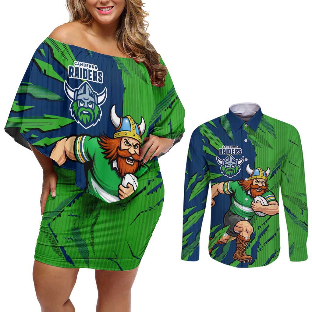 Personalized Canberra Raiders Couples Matching Off Shoulder Short Dress and Long Sleeve Button Shirt Dynamic Lightning Mascot Rugby Australia