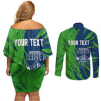 Personalized Canberra Raiders Couples Matching Off Shoulder Short Dress and Long Sleeve Button Shirt Dynamic Lightning Mascot Rugby Australia