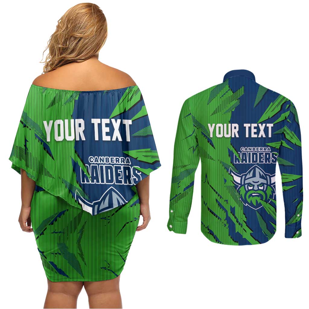 Personalized Canberra Raiders Couples Matching Off Shoulder Short Dress and Long Sleeve Button Shirt Dynamic Lightning Mascot Rugby Australia