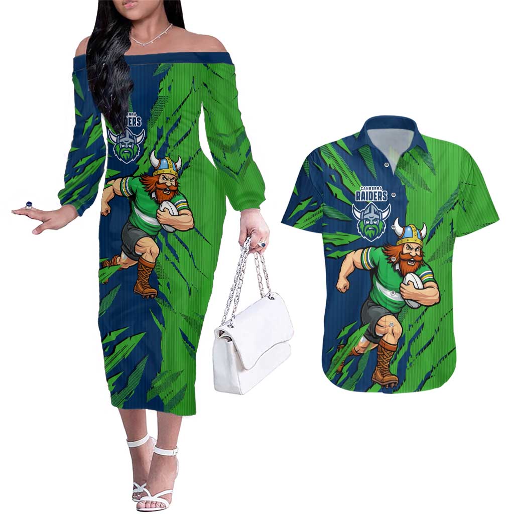 Personalized Canberra Raiders Couples Matching Off The Shoulder Long Sleeve Dress and Hawaiian Shirt Dynamic Lightning Mascot Rugby Australia