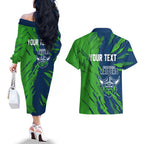 Personalized Canberra Raiders Couples Matching Off The Shoulder Long Sleeve Dress and Hawaiian Shirt Dynamic Lightning Mascot Rugby Australia