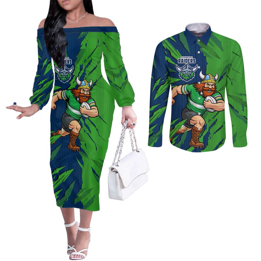 Personalized Canberra Raiders Couples Matching Off The Shoulder Long Sleeve Dress and Long Sleeve Button Shirt Dynamic Lightning Mascot Rugby Australia