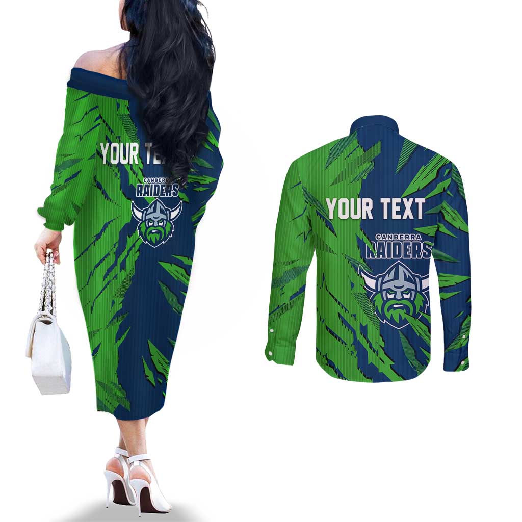 Personalized Canberra Raiders Couples Matching Off The Shoulder Long Sleeve Dress and Long Sleeve Button Shirt Dynamic Lightning Mascot Rugby Australia