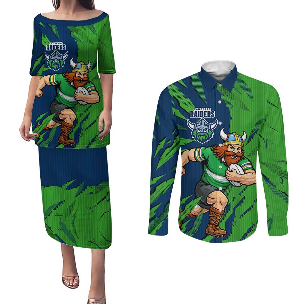 Personalized Canberra Raiders Couples Matching Puletasi and Long Sleeve Button Shirt Dynamic Lightning Mascot Rugby Australia