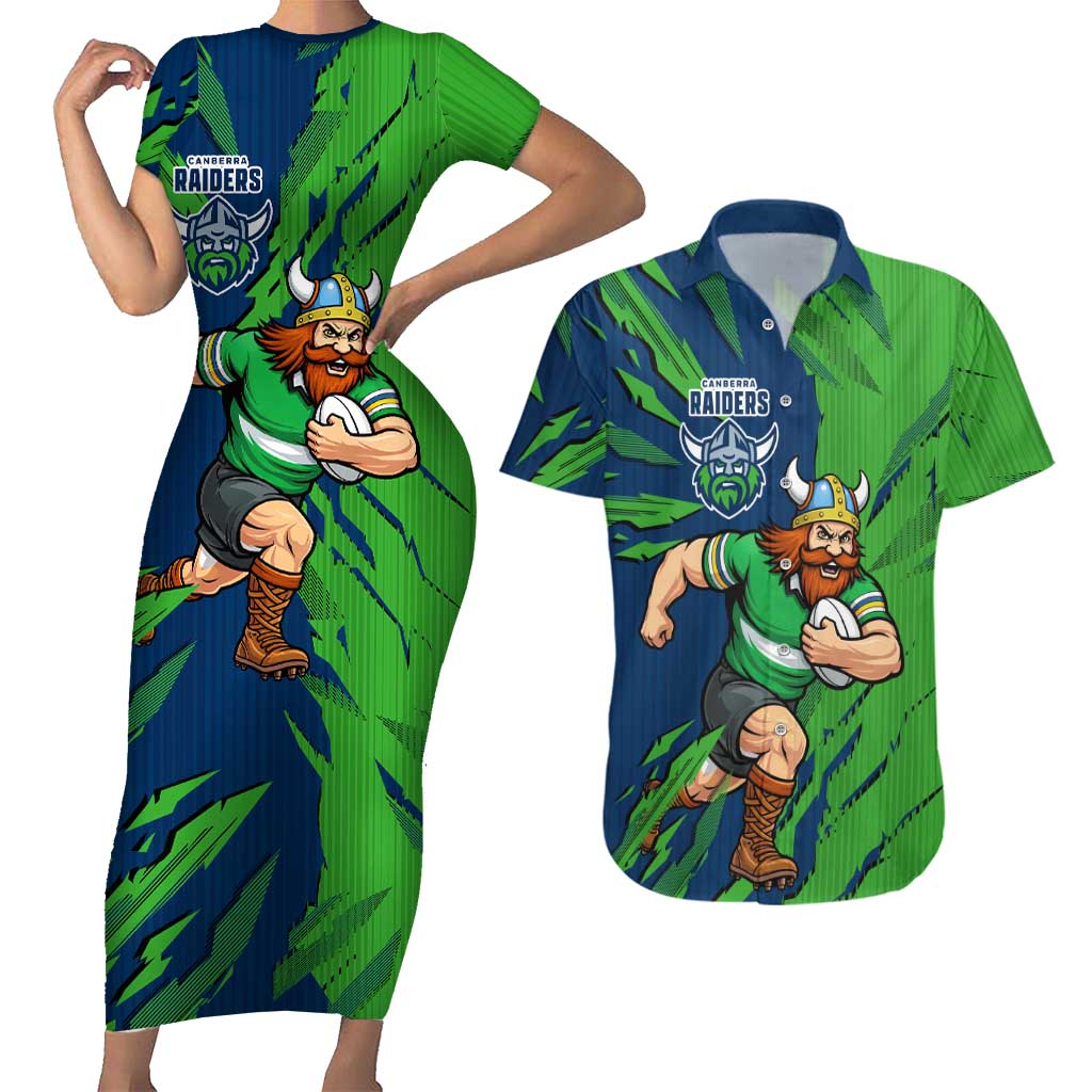 Personalized Canberra Raiders Couples Matching Short Sleeve Bodycon Dress and Hawaiian Shirt Dynamic Lightning Mascot Rugby Australia