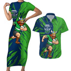 Personalized Canberra Raiders Couples Matching Short Sleeve Bodycon Dress and Hawaiian Shirt Dynamic Lightning Mascot Rugby Australia