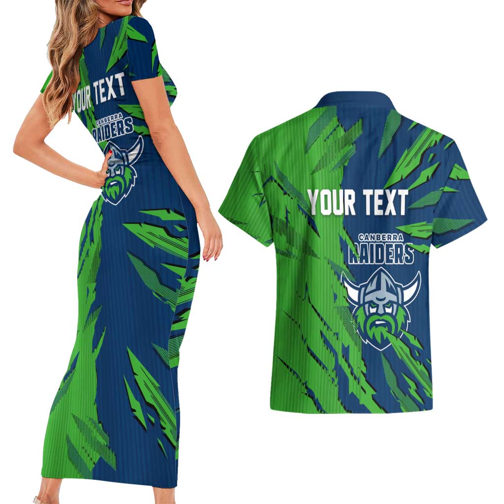 Personalized Canberra Raiders Couples Matching Short Sleeve Bodycon Dress and Hawaiian Shirt Dynamic Lightning Mascot Rugby Australia