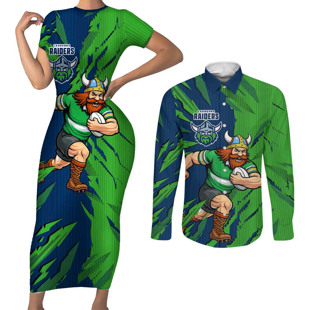 Personalized Canberra Raiders Couples Matching Short Sleeve Bodycon Dress and Long Sleeve Button Shirt Dynamic Lightning Mascot Rugby Australia