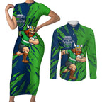 Personalized Canberra Raiders Couples Matching Short Sleeve Bodycon Dress and Long Sleeve Button Shirt Dynamic Lightning Mascot Rugby Australia