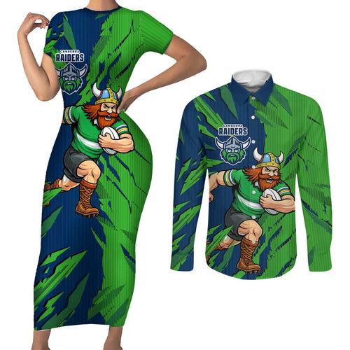 Personalized Canberra Raiders Couples Matching Short Sleeve Bodycon Dress and Long Sleeve Button Shirt Dynamic Lightning Mascot Rugby Australia