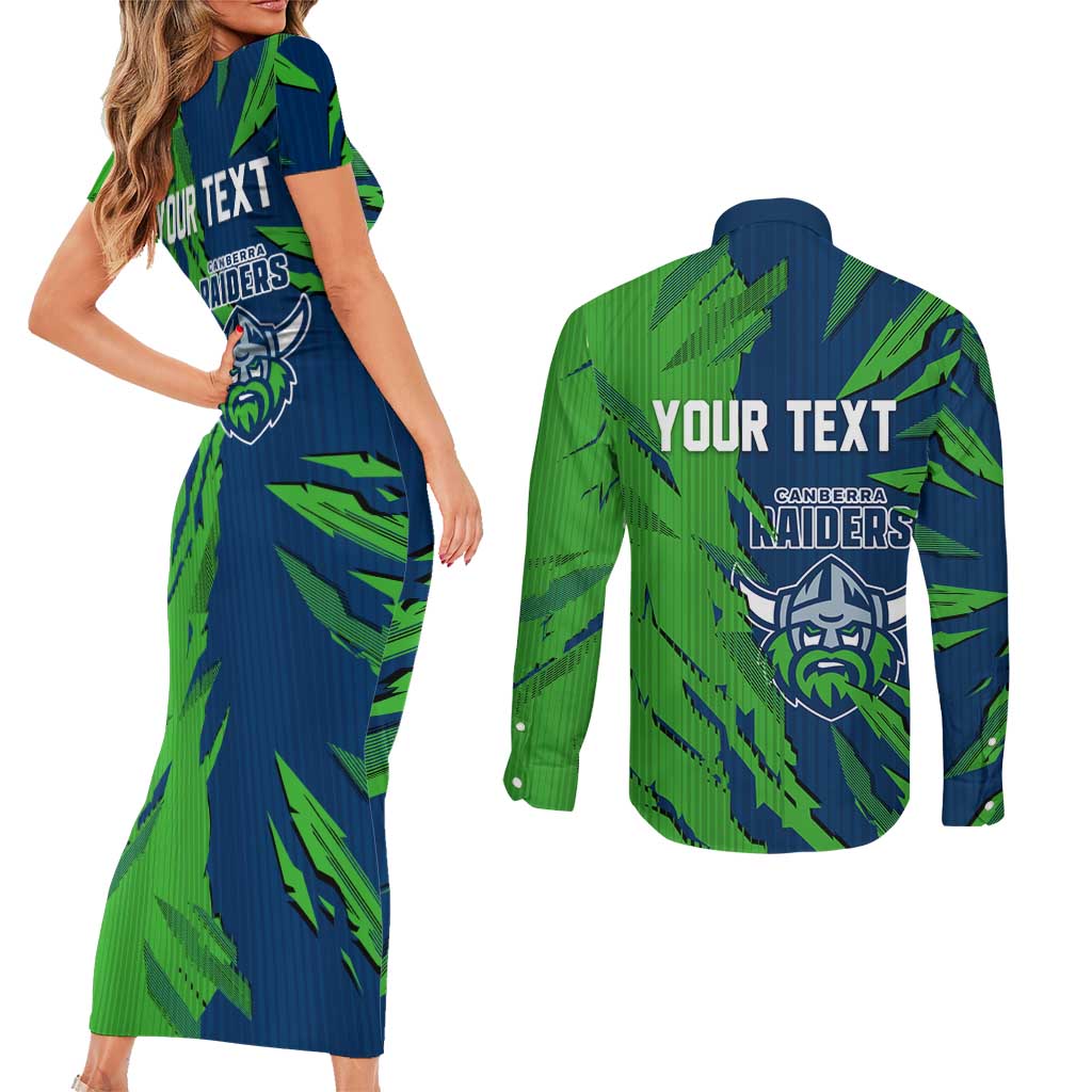 Personalized Canberra Raiders Couples Matching Short Sleeve Bodycon Dress and Long Sleeve Button Shirt Dynamic Lightning Mascot Rugby Australia