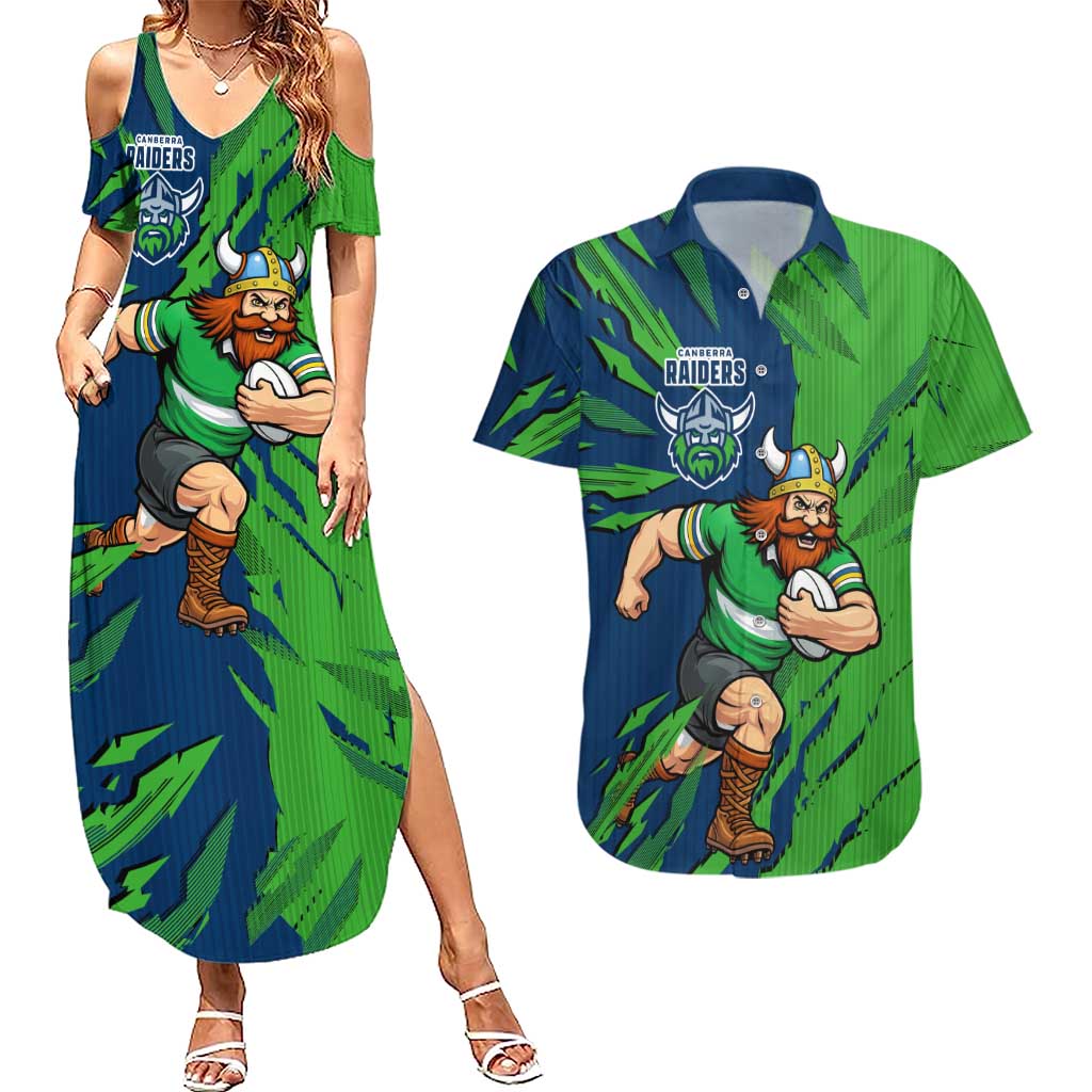 Personalized Canberra Raiders Couples Matching Summer Maxi Dress and Hawaiian Shirt Dynamic Lightning Mascot Rugby Australia