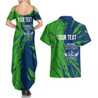 Personalized Canberra Raiders Couples Matching Summer Maxi Dress and Hawaiian Shirt Dynamic Lightning Mascot Rugby Australia