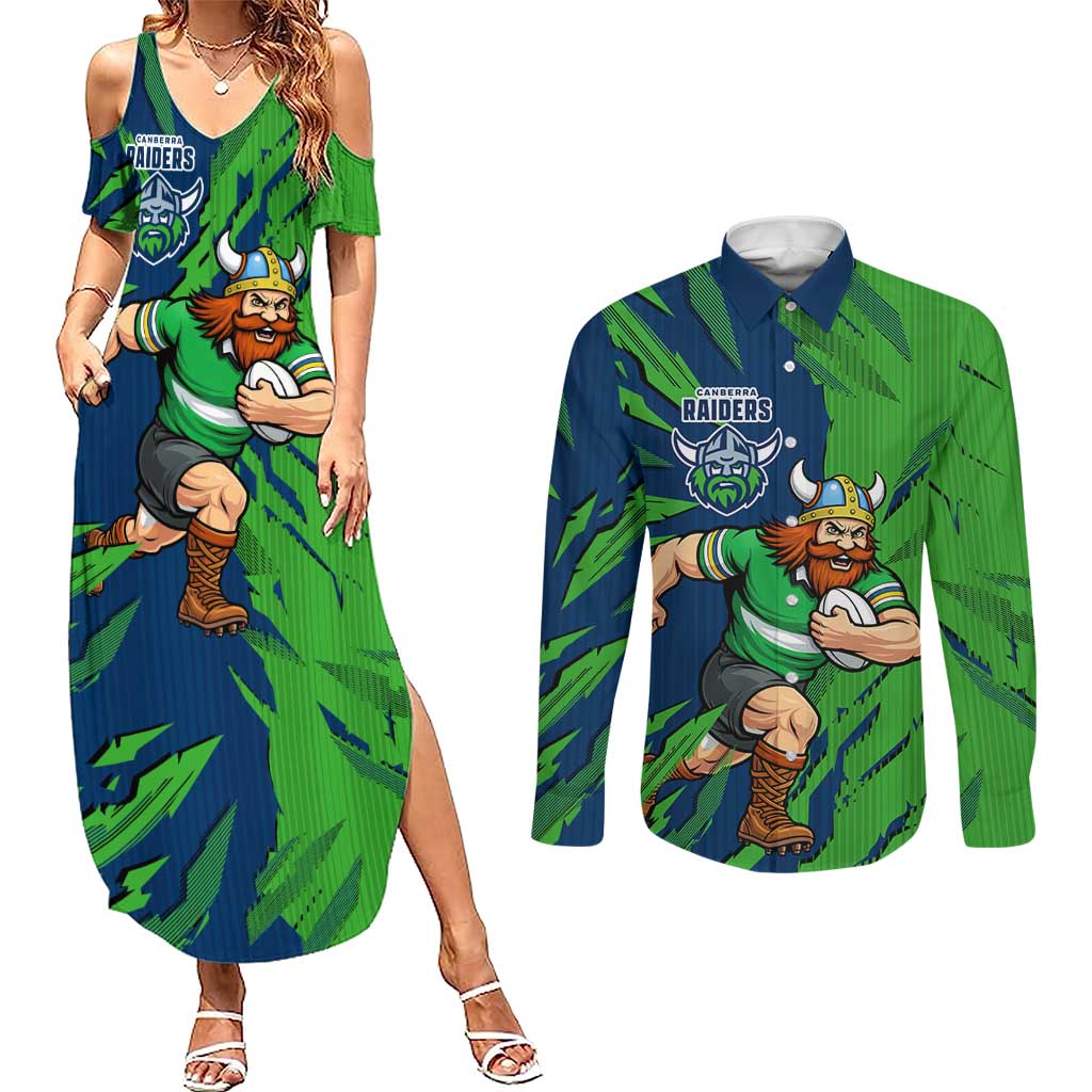 Personalized Canberra Raiders Couples Matching Summer Maxi Dress and Long Sleeve Button Shirt Dynamic Lightning Mascot Rugby Australia