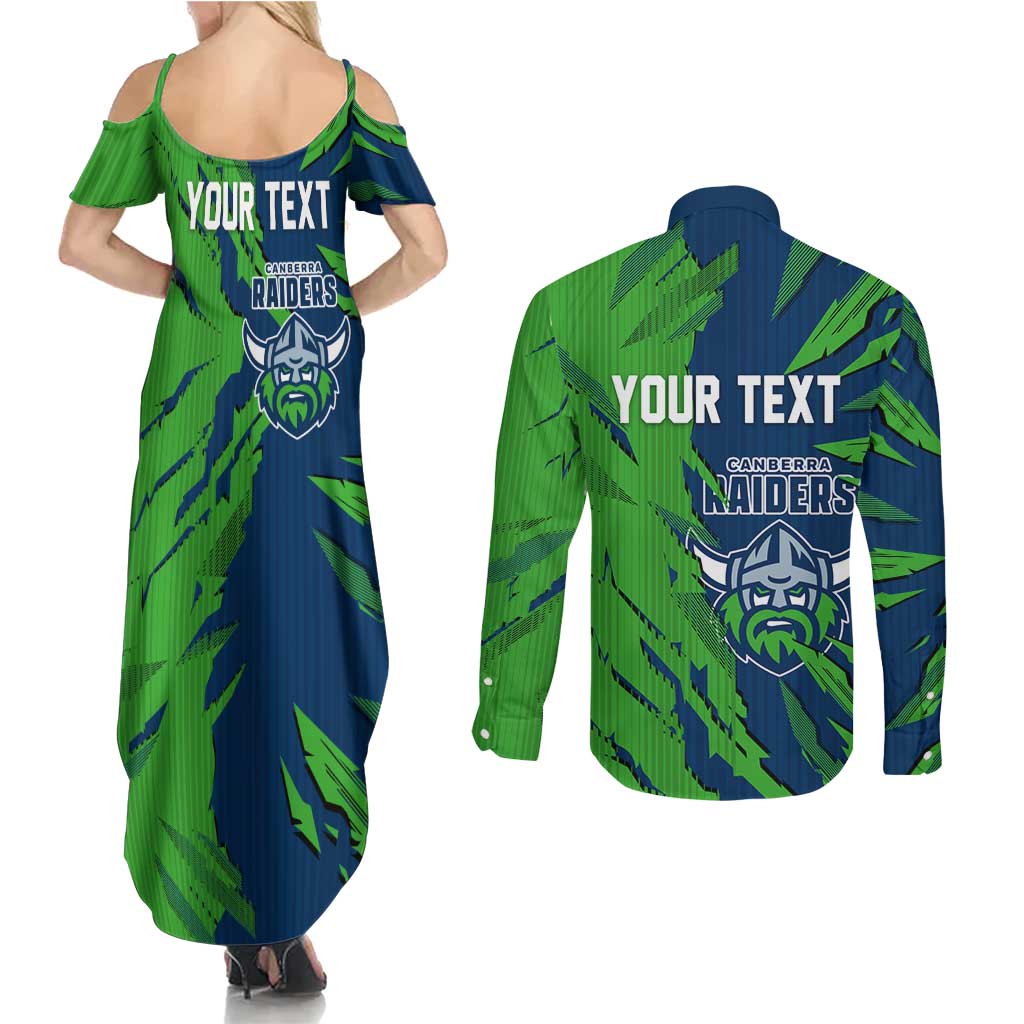 Personalized Canberra Raiders Couples Matching Summer Maxi Dress and Long Sleeve Button Shirt Dynamic Lightning Mascot Rugby Australia