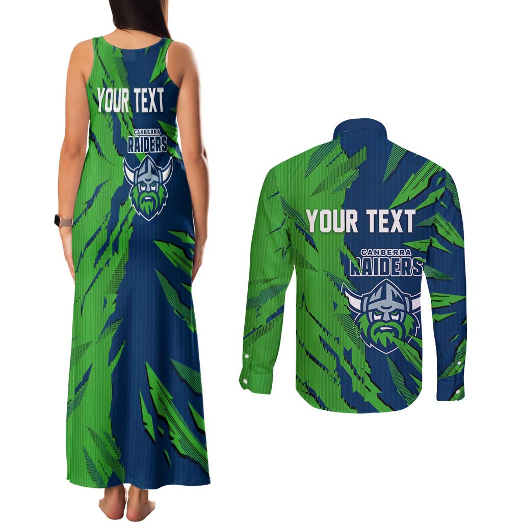 Personalized Canberra Raiders Couples Matching Tank Maxi Dress and Long Sleeve Button Shirt Dynamic Lightning Mascot Rugby Australia
