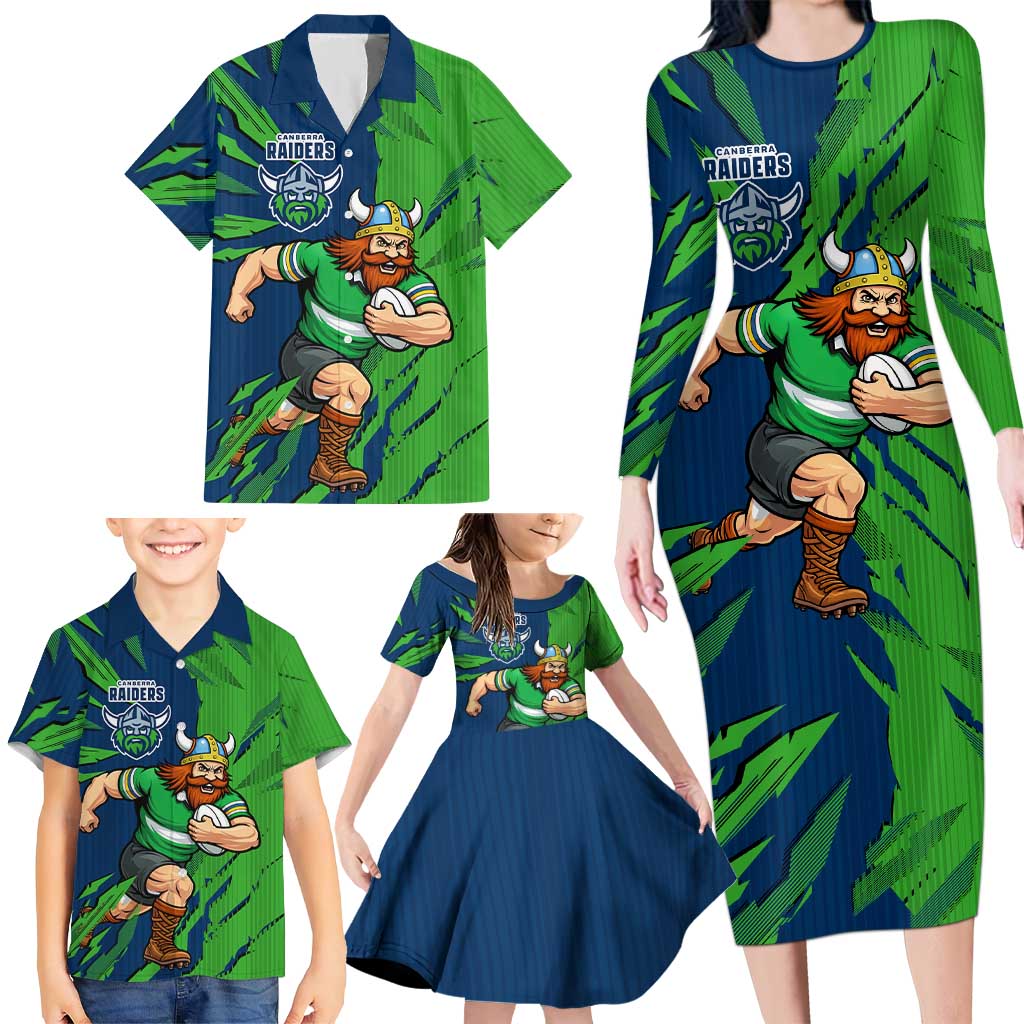 Personalized Canberra Raiders Family Matching Long Sleeve Bodycon Dress and Hawaiian Shirt Dynamic Lightning Mascot Rugby Australia