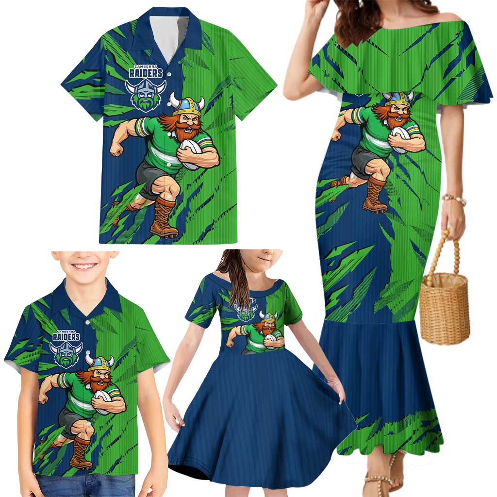 Personalized Canberra Raiders Family Matching Mermaid Dress and Hawaiian Shirt Dynamic Lightning Mascot Rugby Australia